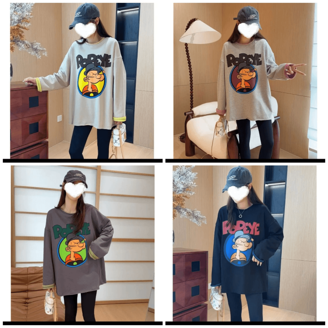 【现货+运补】中长款大力水手卷边撞色T恤秋季新款卡通印花设计感