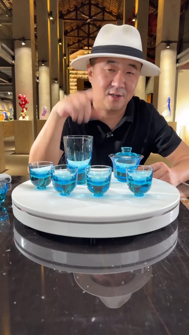 摆件天青色水晶琉璃茶杯套装7件套