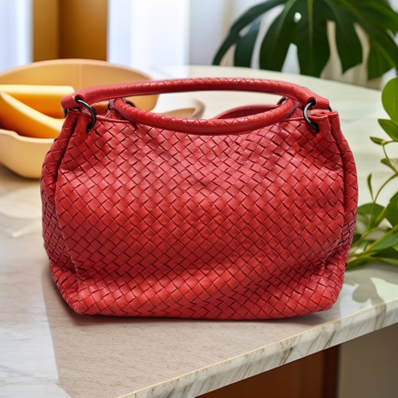 95新 BOTTEGA VENETA/葆蝶家  橘红编织手提包  1890 9863 