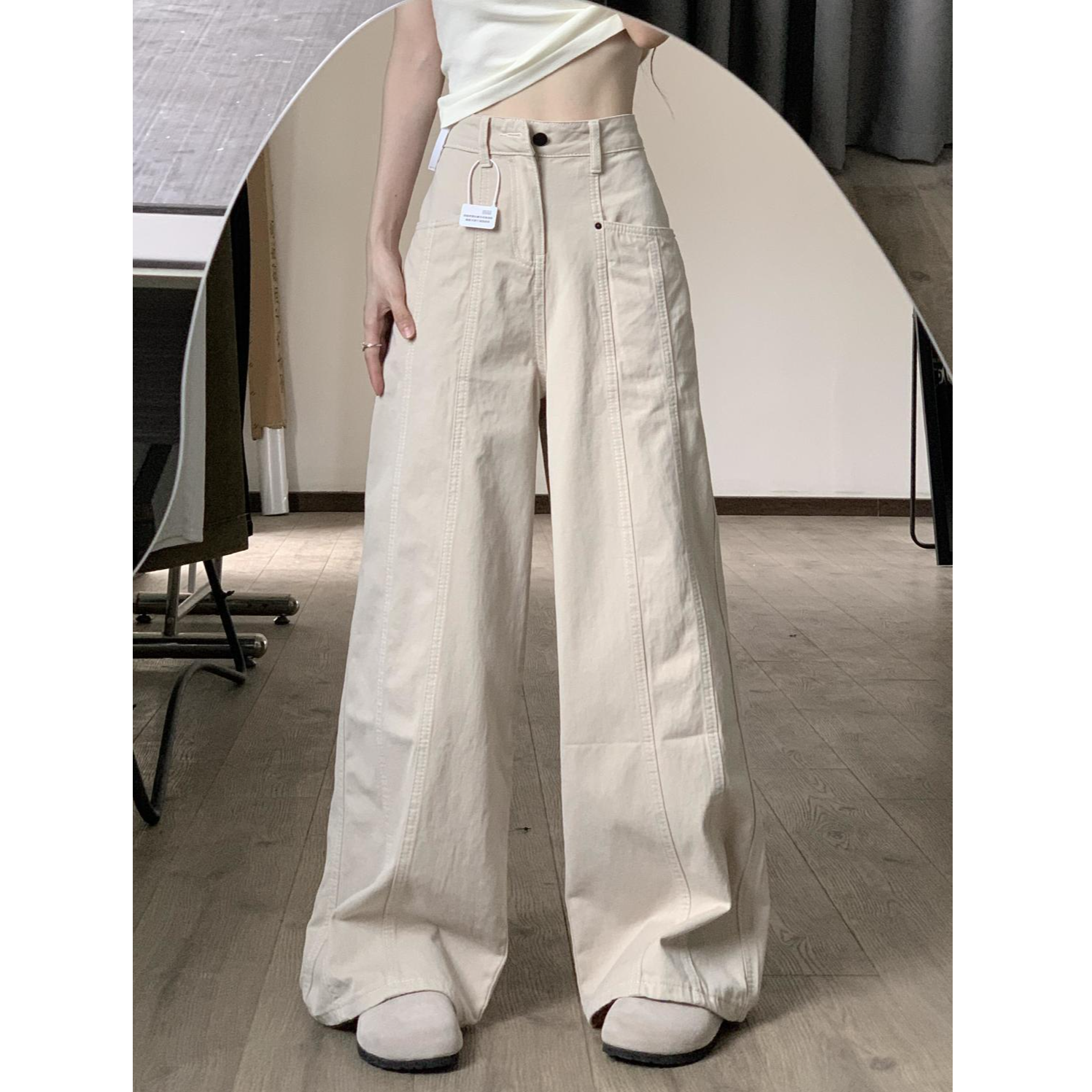 美式米杏色复古工装牛仔裤女夏季新款高腰宽松显瘦直筒阔腿长裤