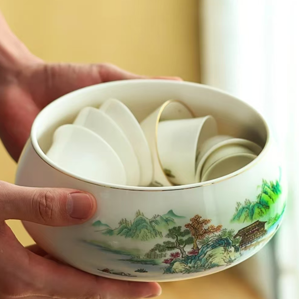 B092-山水人家茶洗手工家用简约陶瓷茶道白瓷带盖洗杯