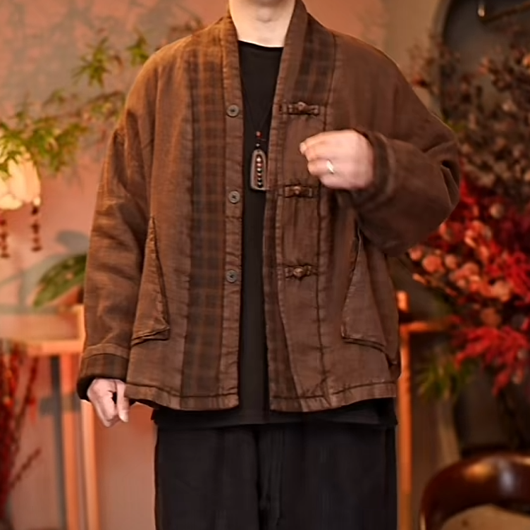 3033【闲雅先生】秋冬季亚麻唐装棉袄男加厚中国风棉衣中式外套棉服