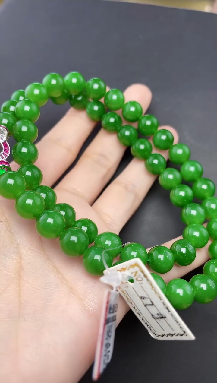 【闪购商品】和田玉项链银S925镶嵌辣绿碧玉项链9-10mm