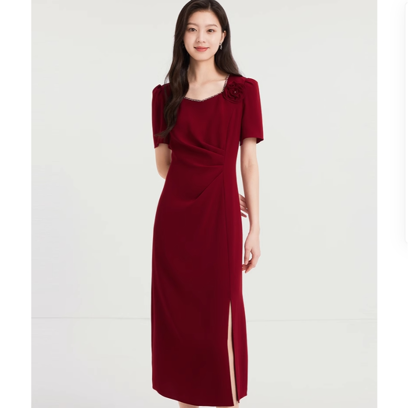 珂莱蒂儿商场同款无标2025夏修身显瘦喜妈妈中长款气质大方连衣裙