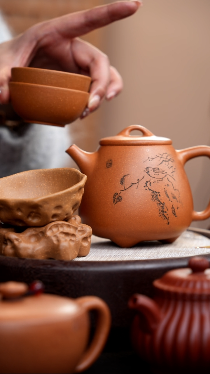 【闪购商品】紫砂茶壶段泥花鸟高石瓢+2杯+茶漏