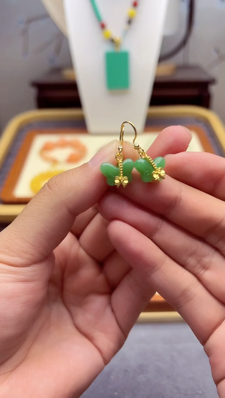 和田玉14K金镶嵌耳饰E39