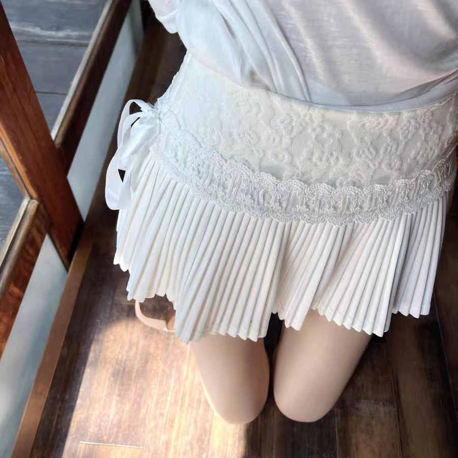 纯欲少女感百搭蛋糕高腰百褶裙2025春夏季新款蕾丝拼接系带短裙