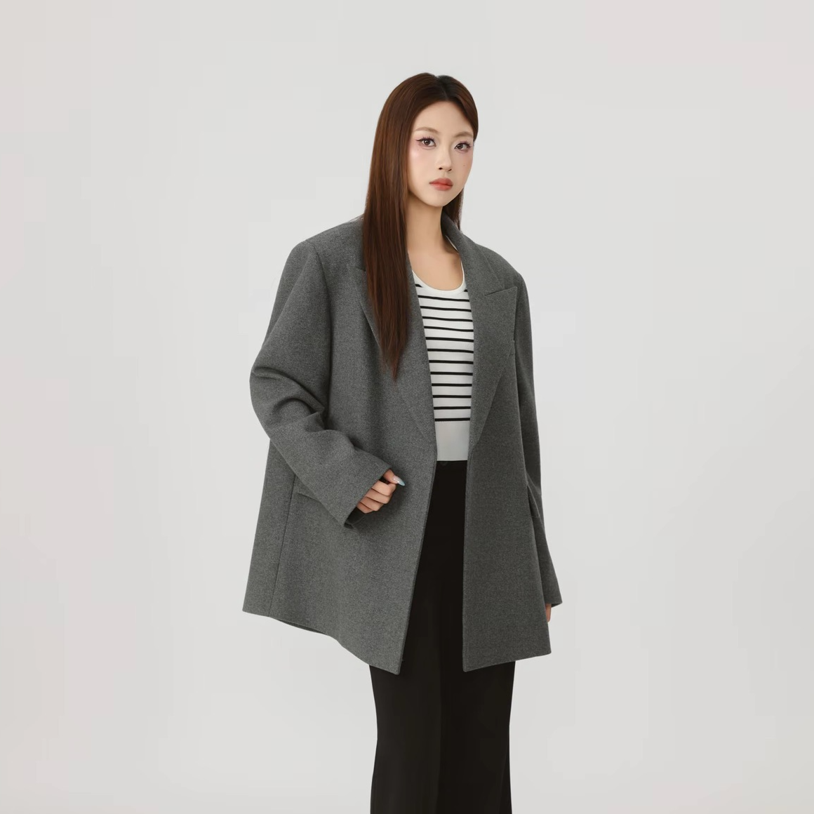 AMASS/阿玛施韩系ins慵懒感宽松廓形中长羊毛呢西装外套秋540094