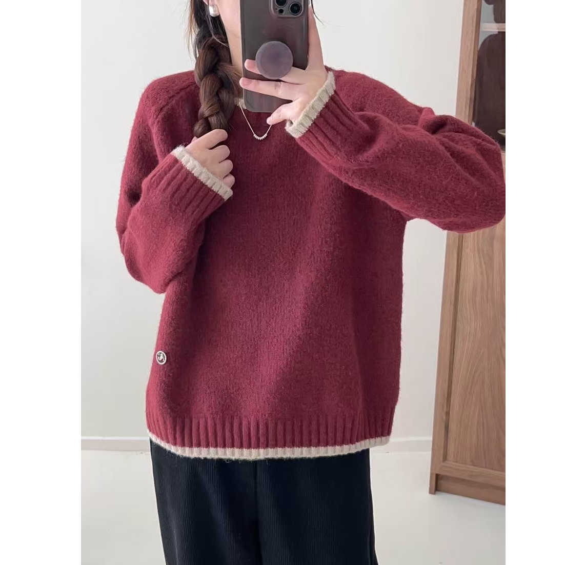 【XX福利】秋冬百搭针织超柔软舒服圆领拼色棉毛衣