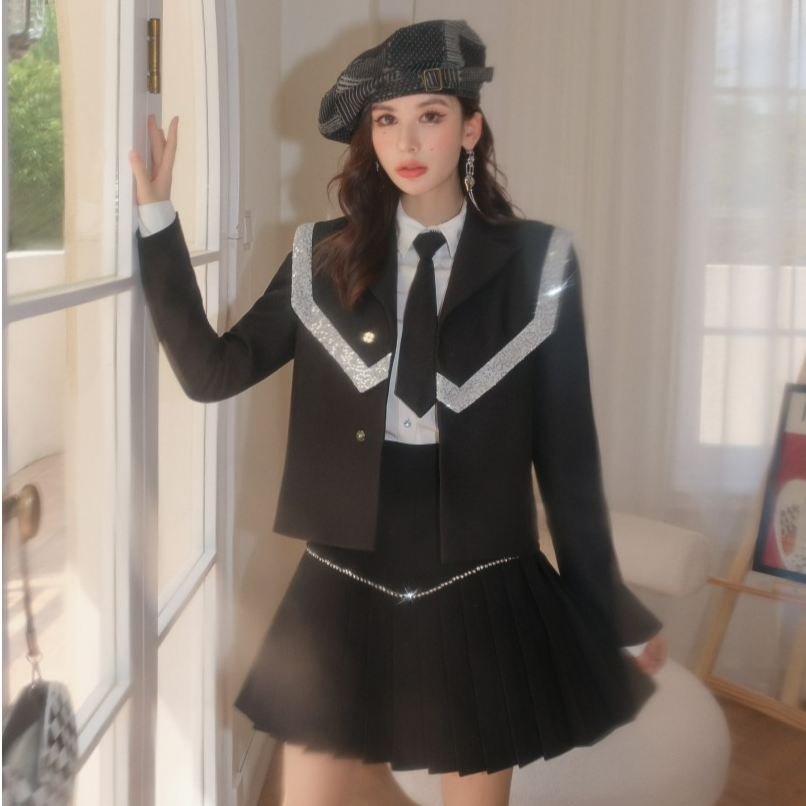 IA WARM AID ING 学院风气质时尚长袖短款制服百褶连衣裙