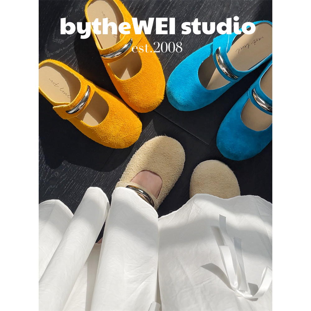bytheWEI【孔雀天鹅蛋】头层水染牛皮厚底玛丽珍半拖长毛勃肯拖鞋女