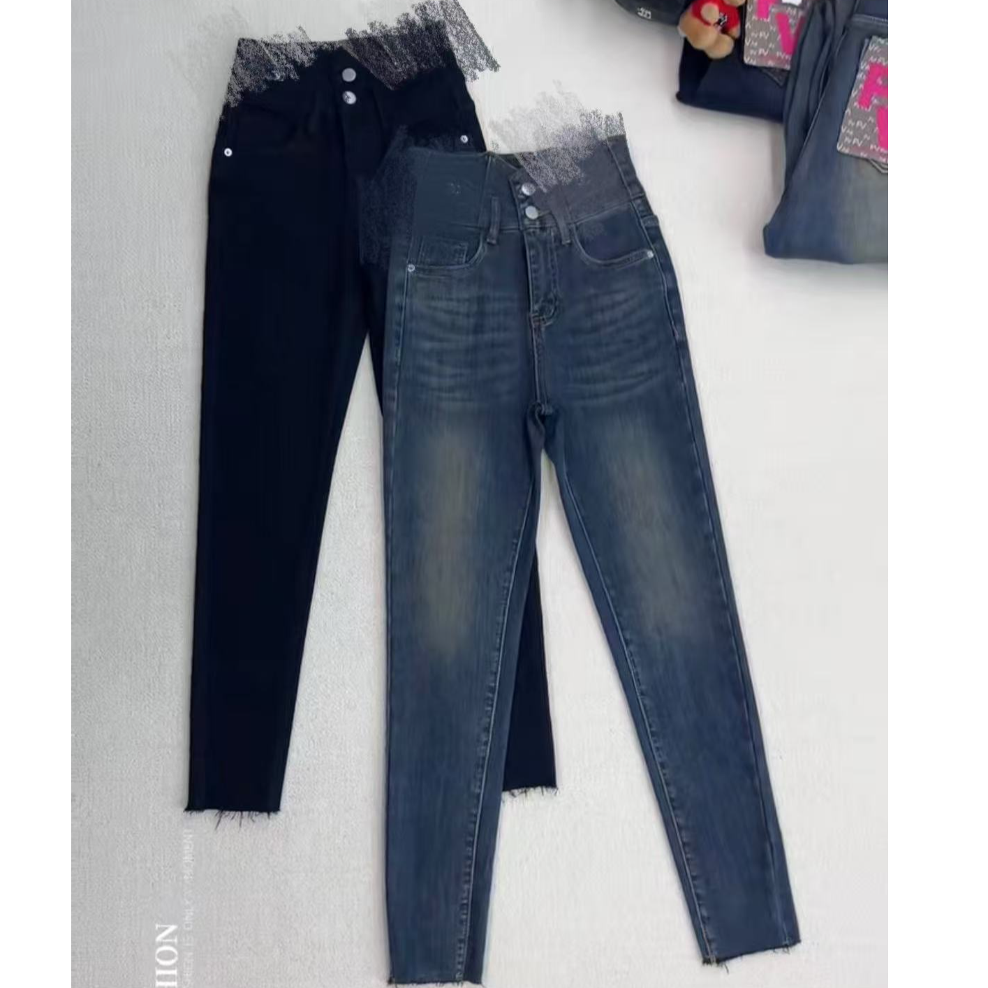 9275高腰复古港风冬季秋季牛仔裤秋冬植绒小脚裤