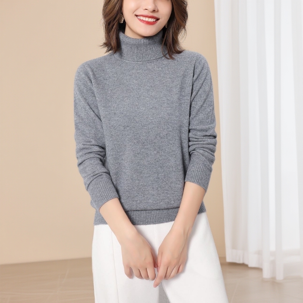 女士纯色夹丝高翻领基础型翻领女针织衫宽松女士百搭保暖 3933