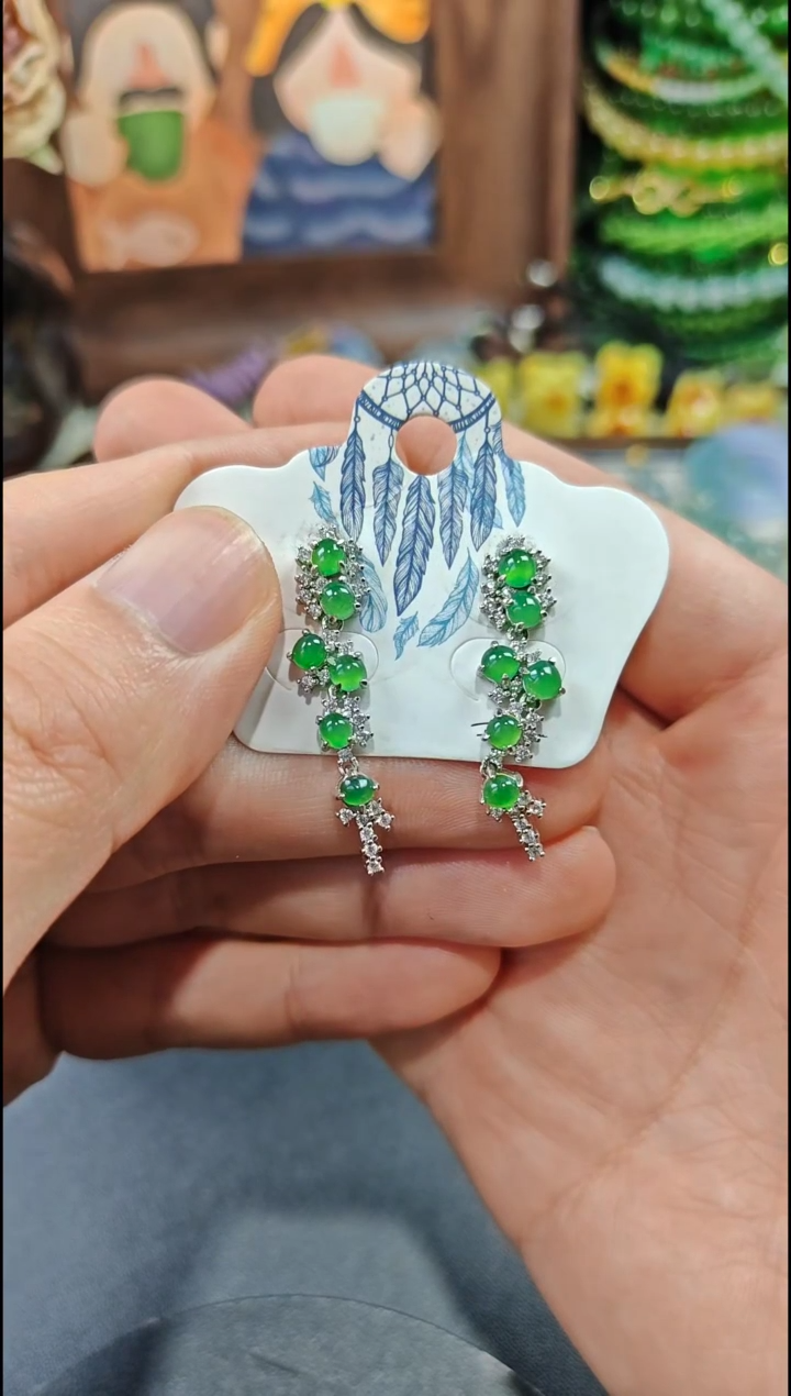 银S925镶嵌翡翠耳饰翡翠耳饰S925银镶嵌