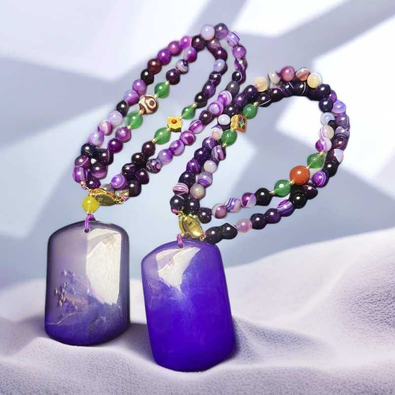 S7952【任会长珠宝】紫藤紫灵芝玛瑙无事牌-配珠链-多样性只发一件