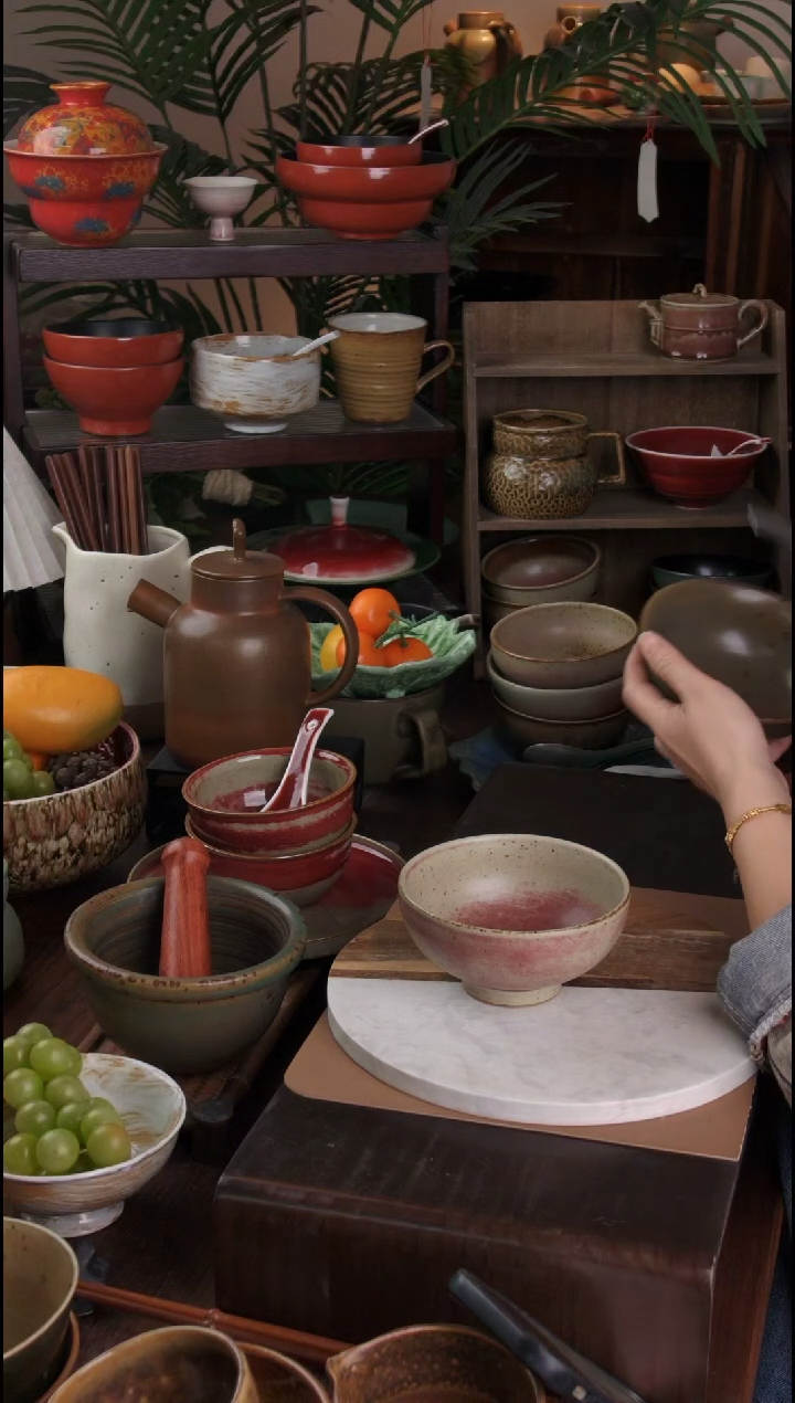 碗景德镇手工高温餐具桃红奶奶