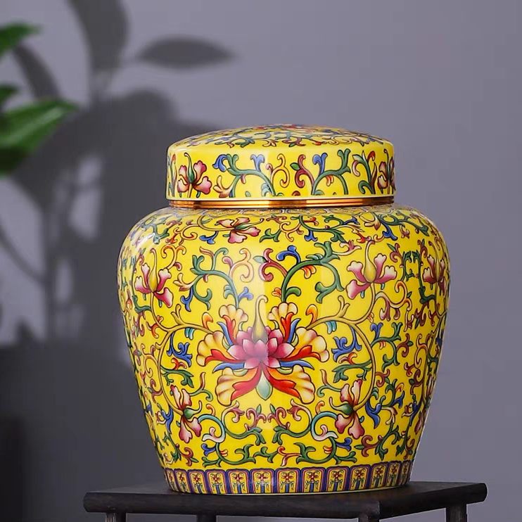 【袁氏瓷业】珐琅彩茶罐-宫黄（850ml）