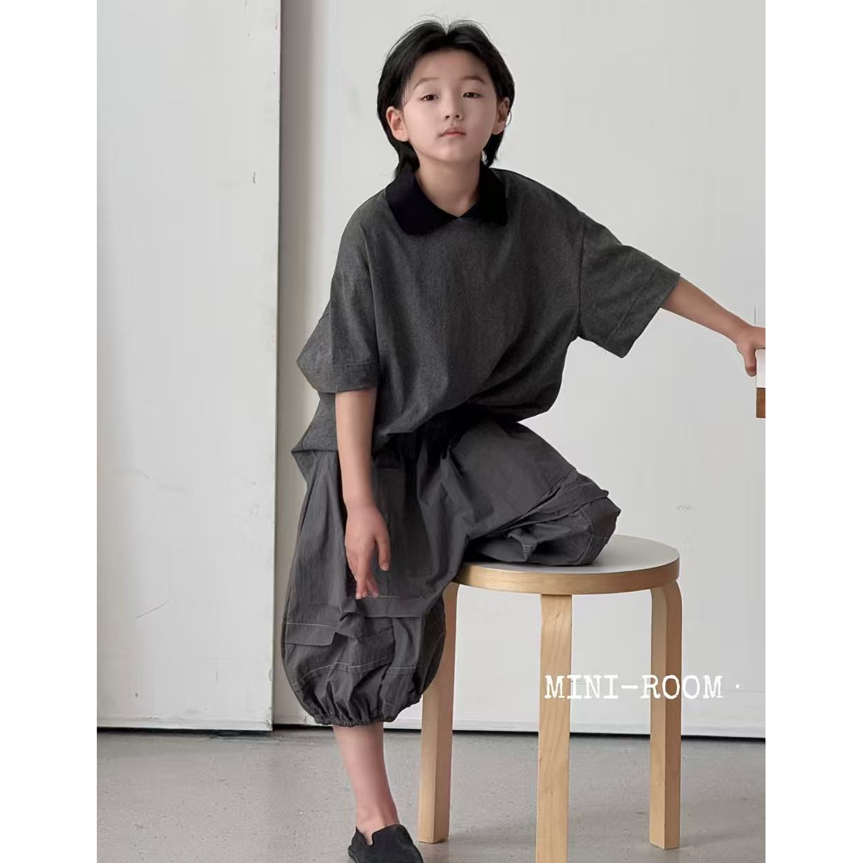 2025春秋韩式新款慵懒风灰紫色简约男女童打底T恤休闲简约百搭