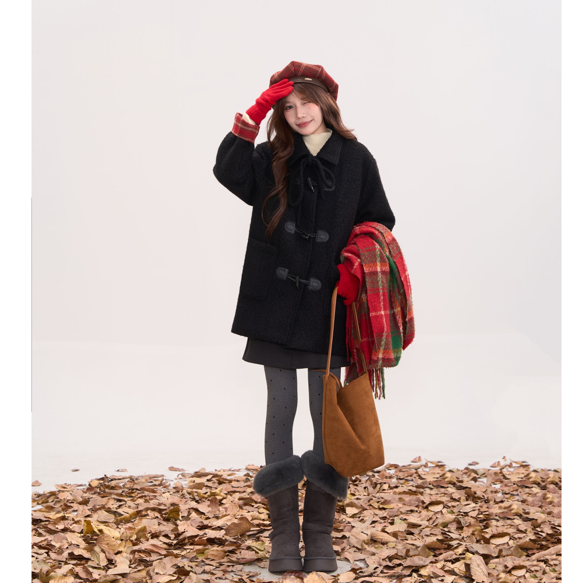 冬季韩系夹棉内里保暖POLO领百搭日系少女牛角扣外套9837