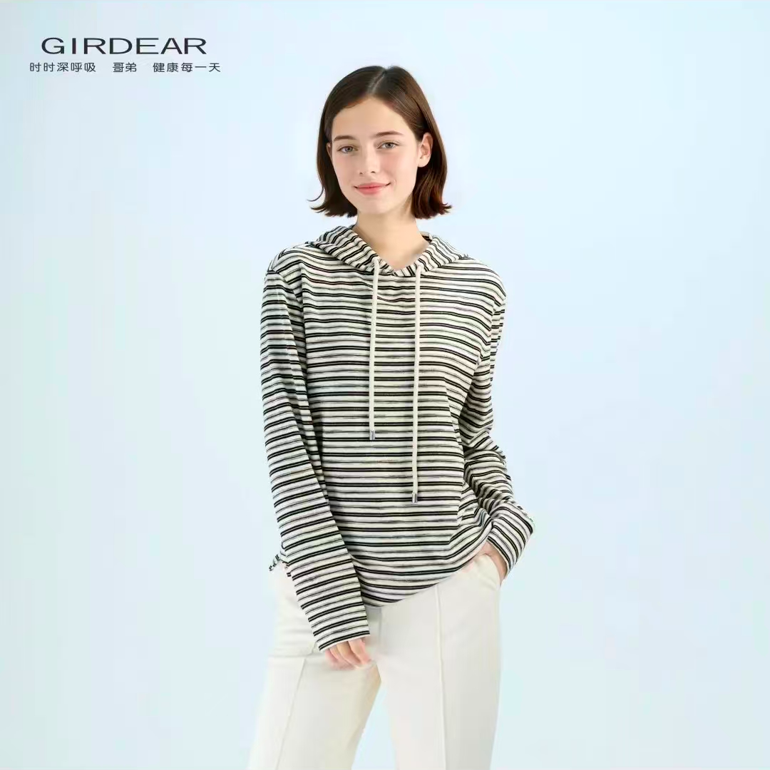 GIRDEAR/哥弟秋季新款女装时尚休闲百搭条纹连帽长袖卫衣1300918