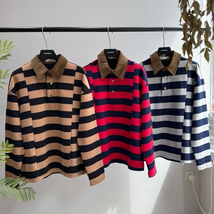 21057 灯芯绒领拼接条纹卫衣上衣