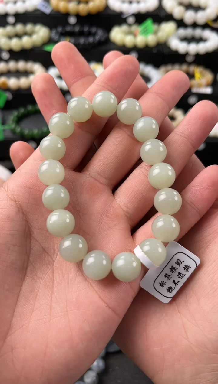 【闪购商品】和田玉手串未镶嵌且末青白手串卡12微色差