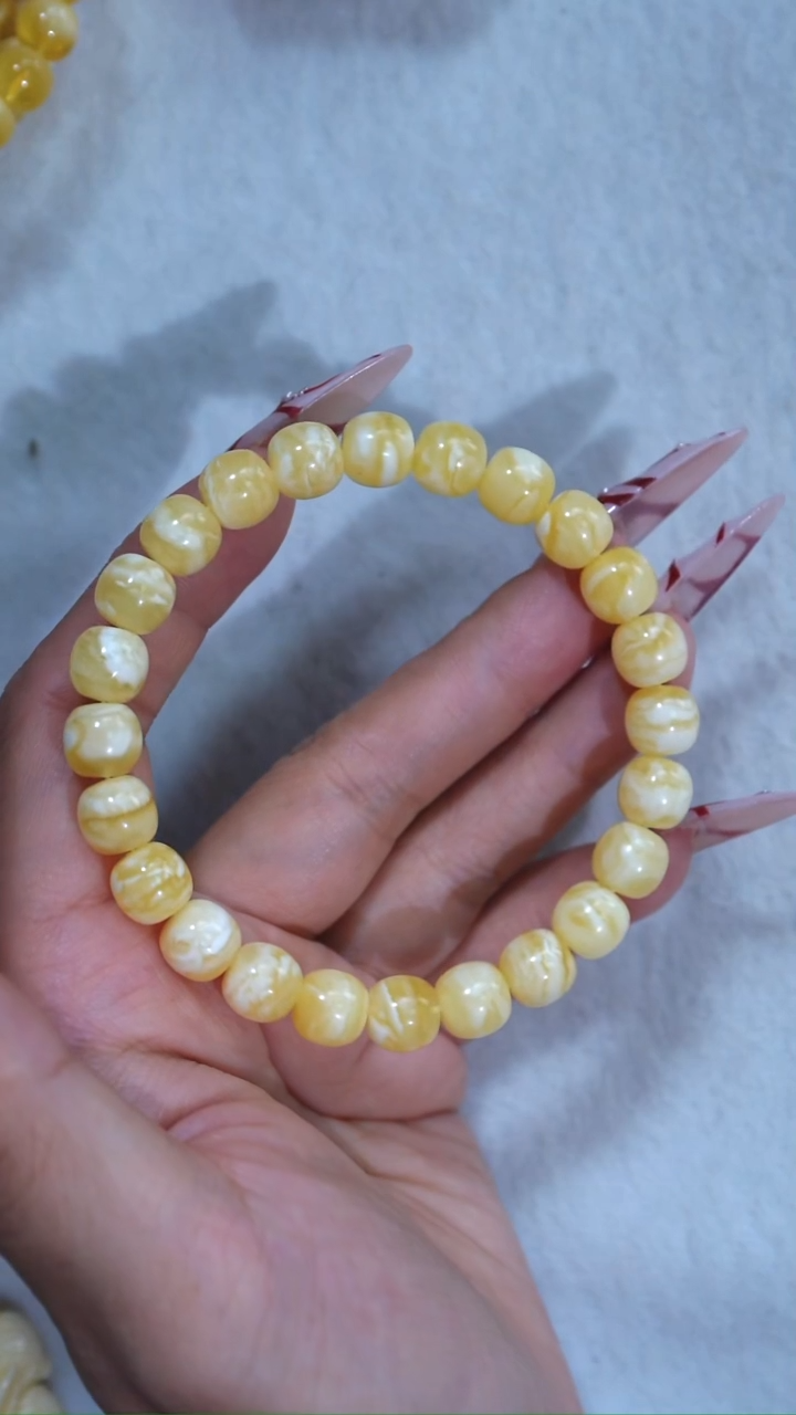 手链琥珀未镶嵌收藏级9mm金瓷白虎皮纹妖花极限弧高庄