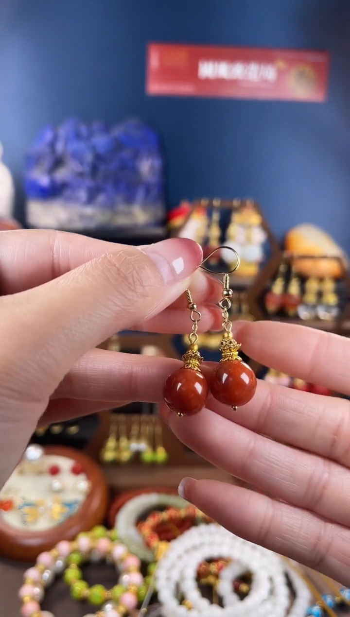 银S925镀金镶嵌挂件翡翠群*，红翡耳钩