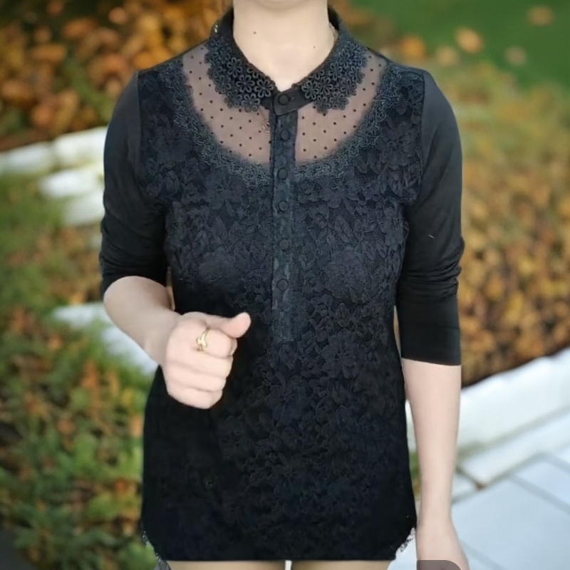 春秋  新款   时尚   棉加丝   亲肤   翻领   蕾丝  女装  小衫