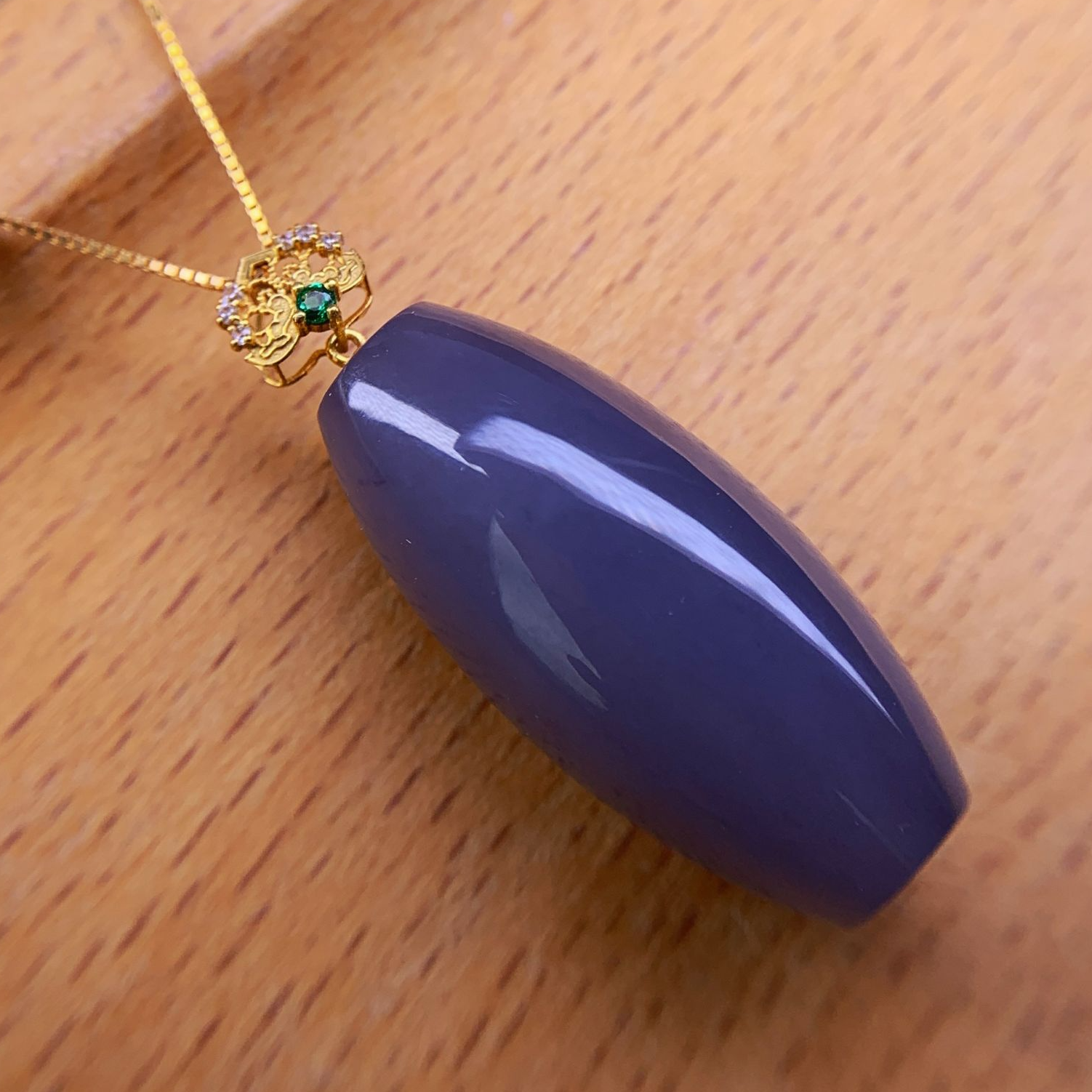 天然和田玉青海料冰紫罗兰烟紫18K金桶珠勒子乐子吊坠挂件女@0106