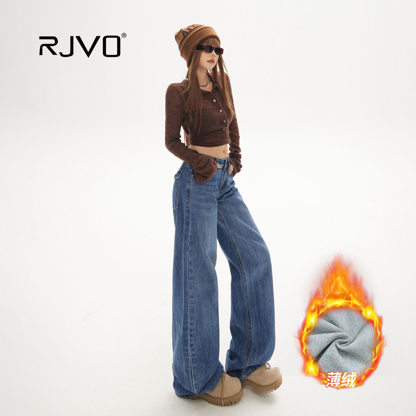 RJVO新款百搭ins风低腰宽松阔腿裤直筒裤显瘦牛仔裤女加绒