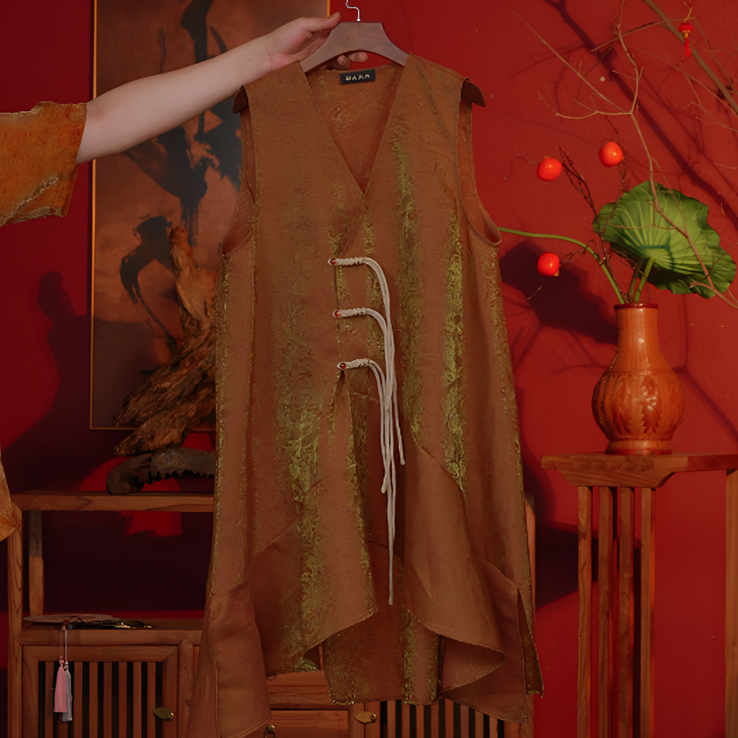 【芳菲入梦】BF33188棕咖色浮光锦花萝纹不规则下摆马甲