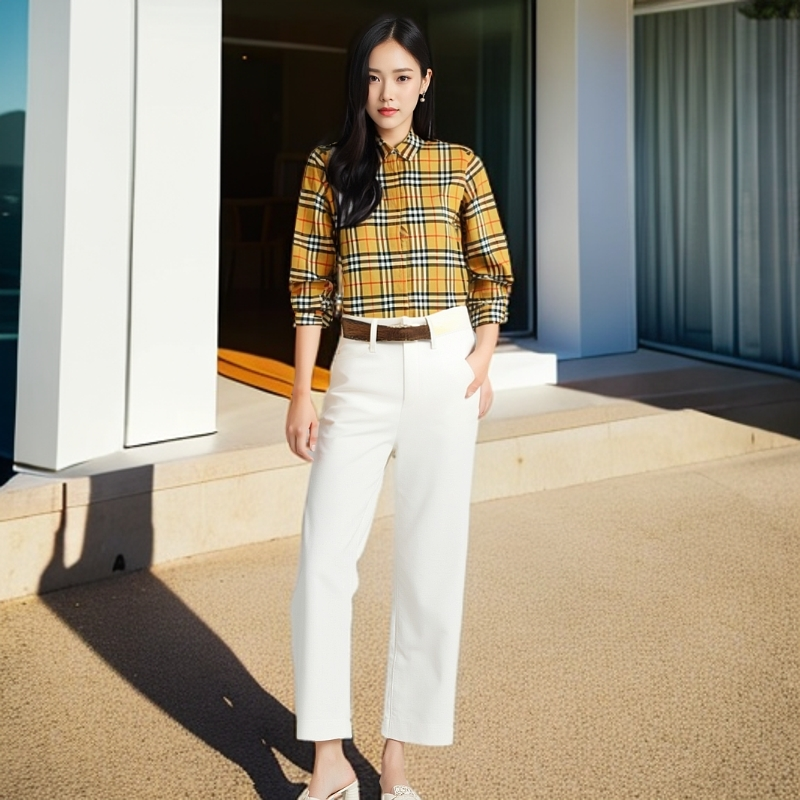 99新 BURBERRY/博柏利 11229082 经典格纹翻领衬衫 卡其色 UK10码