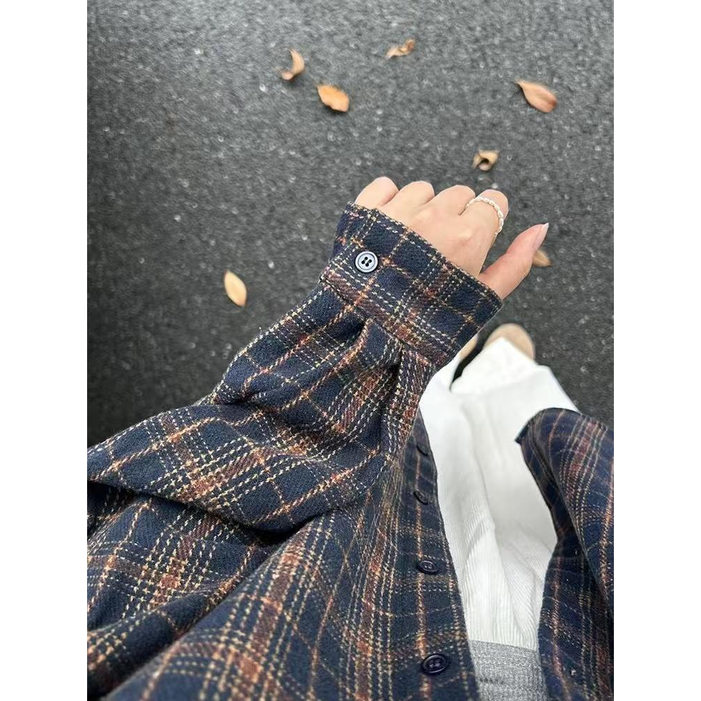 藏青色格子宽松衬衫外套女2025新款秋冬高级感轻奢减龄长袖上衣