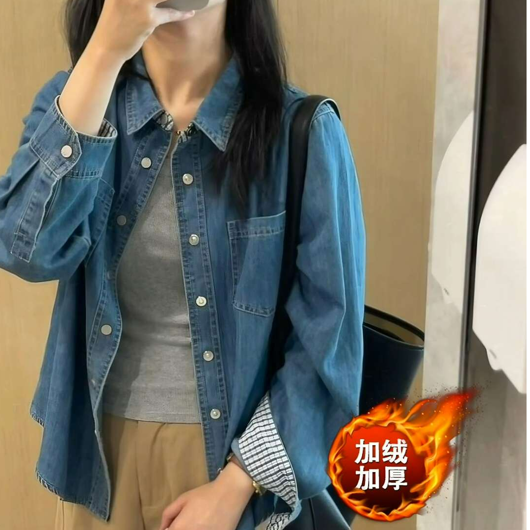 韩系复古长袖牛仔衬衫文艺宽松休闲袖口格子女加绒潮流百搭外套