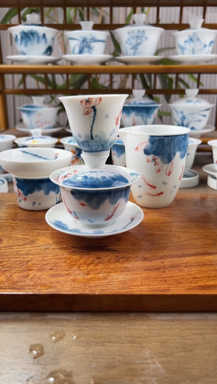 微瑕线条莲內绘130ml三才盖碗+闻香杯+公道杯+茶漏