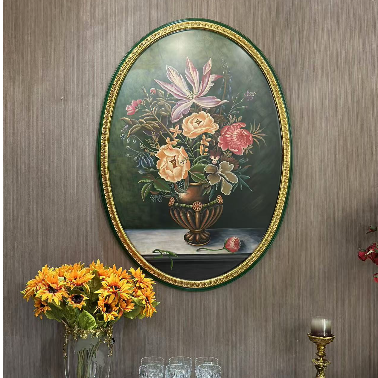派力斯椭圆形花开富贵工艺画墨绿色系装饰画家居饰品画