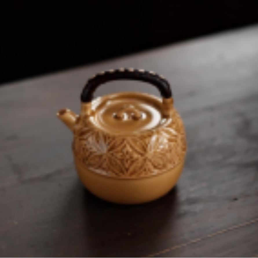 梵山堂丨赤金琉璃钱纹窗花柿形小品壶陶壶煮茶茶具提梁景德镇陶瓷