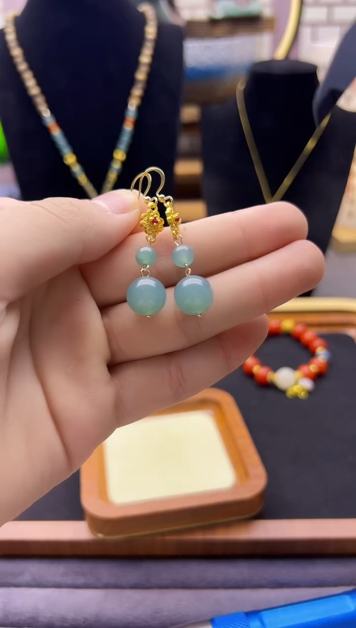 翡翠14K金镶嵌耳饰E452        