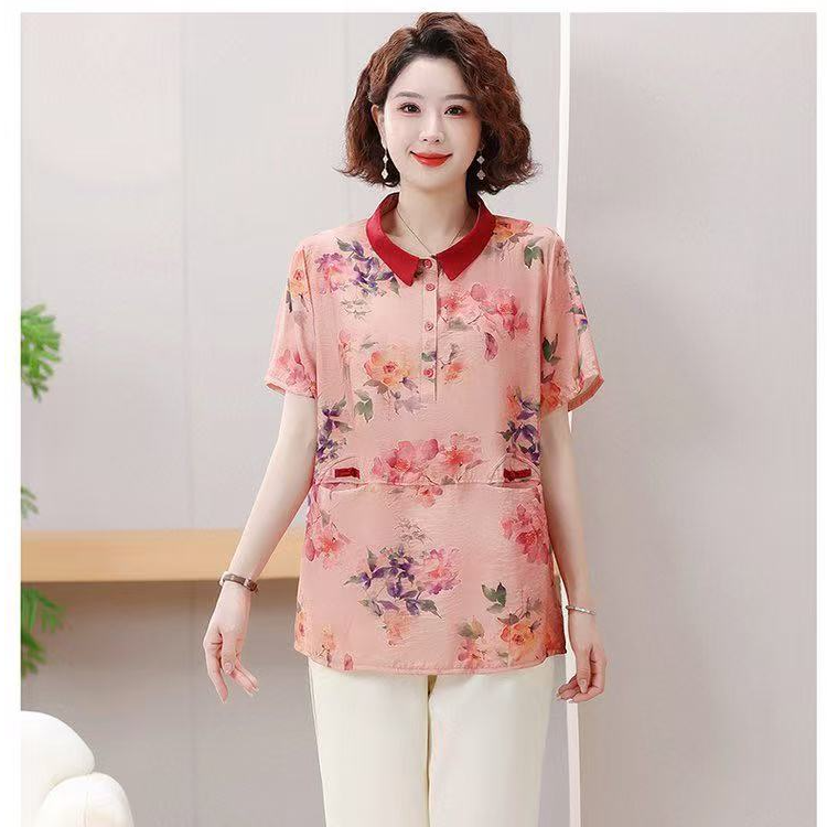 正版夏季新款洋气妈妈装上衣翻领时尚碎花花色宽松薄款妈妈装502