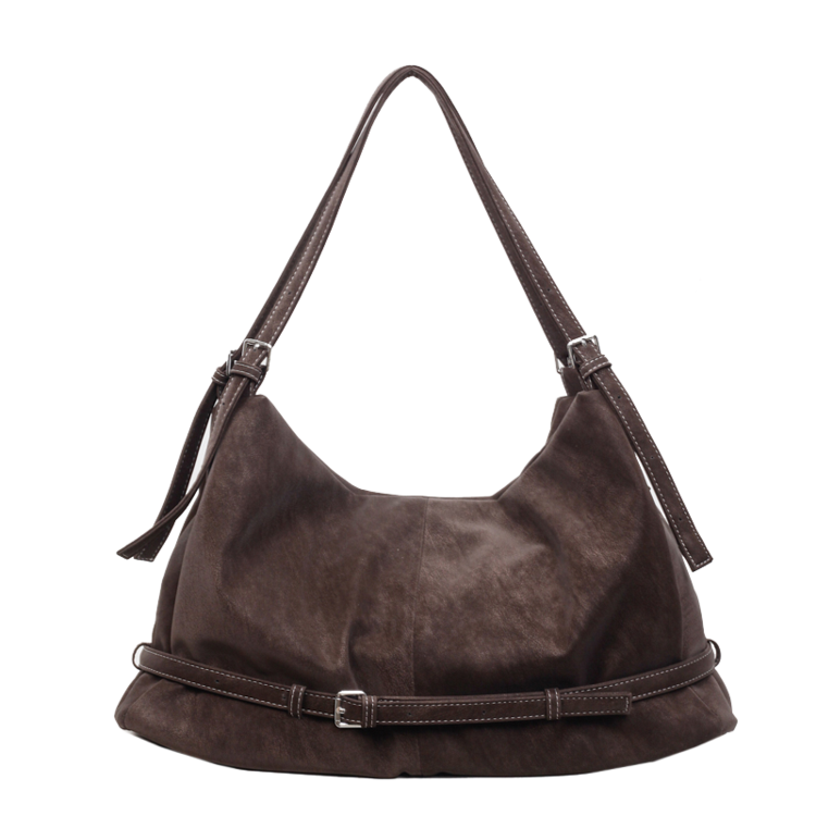 ZZHU大容量复古风肩包百搭纯色双根女士单肩包托特包斜跨包耐磨