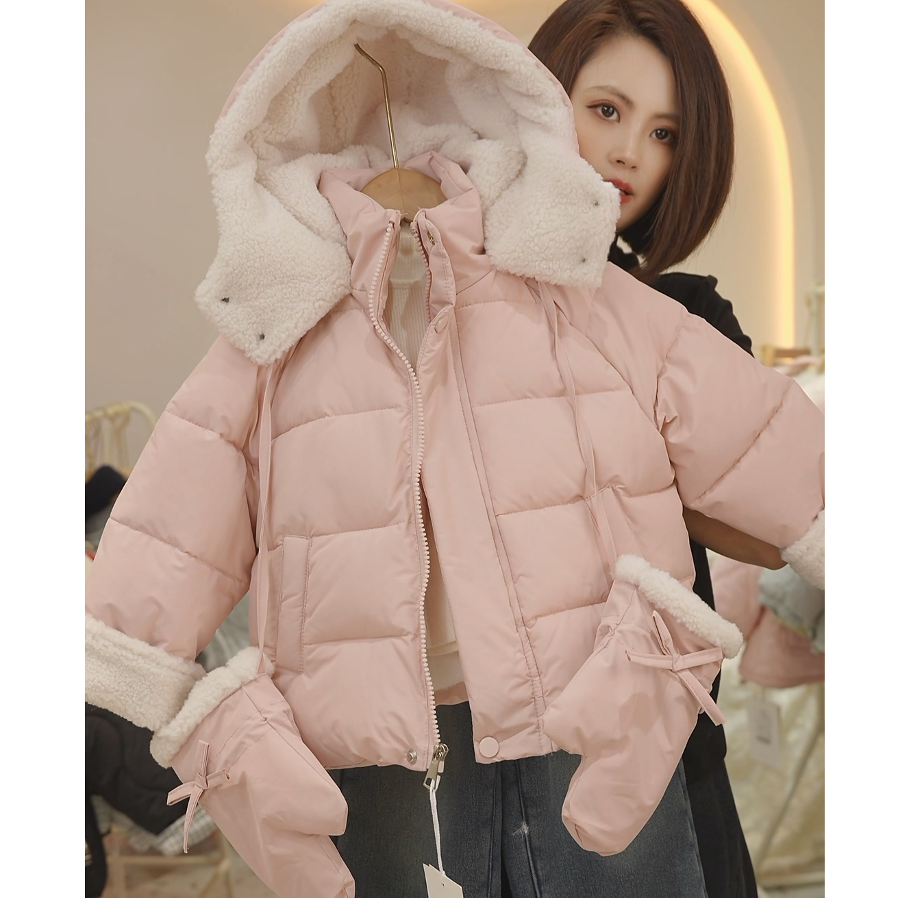 现货【手套棉服】带手套SC703女童冬季加绒加厚棉衣保暖休闲外套