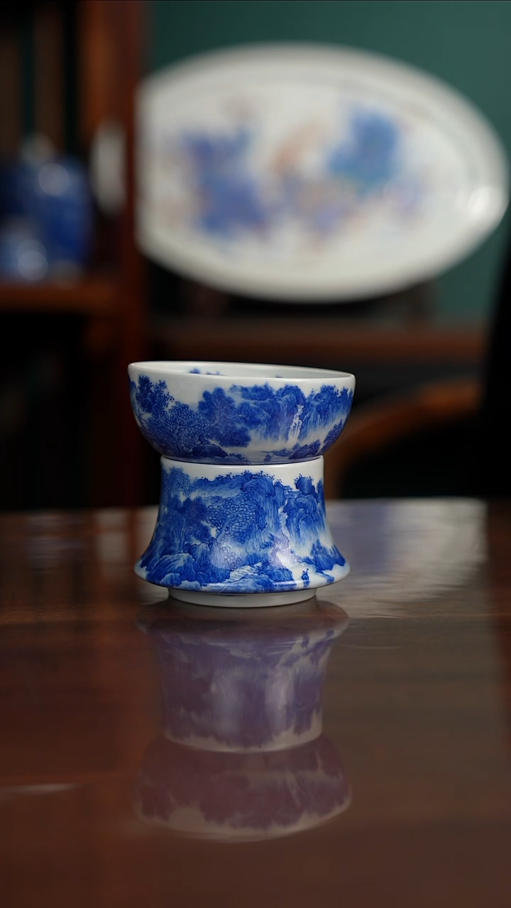 柴窑青花山水茶漏