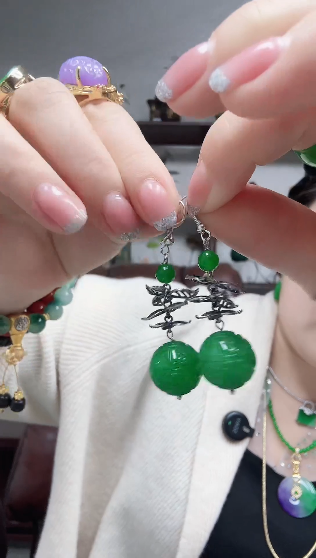 银S925镶嵌翡翠耳坠762编号有球必应耳坠