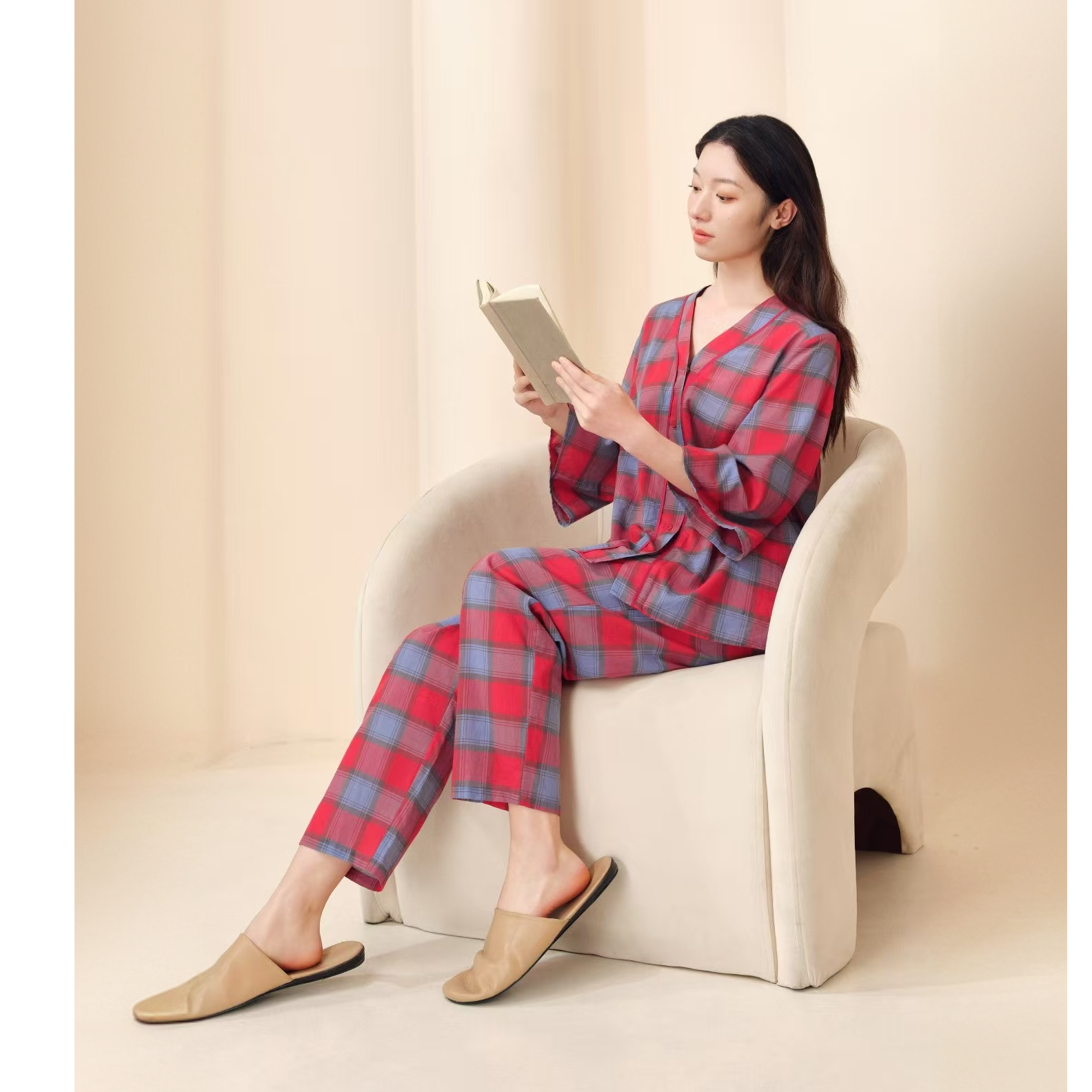 静姐专享2025宽画家居服经典格纹系套装夏季睡衣新款居家纯棉长袖