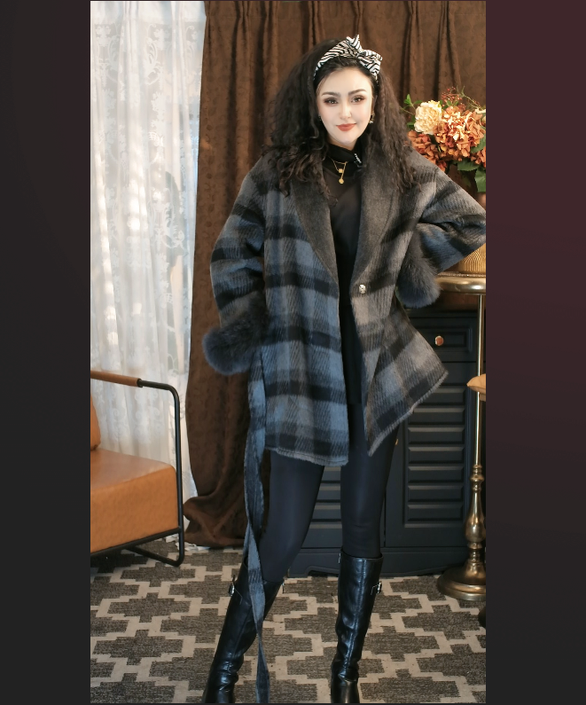 【玉儿服饰】25102 冬季韩版真毛中长款格子羊绒大衣