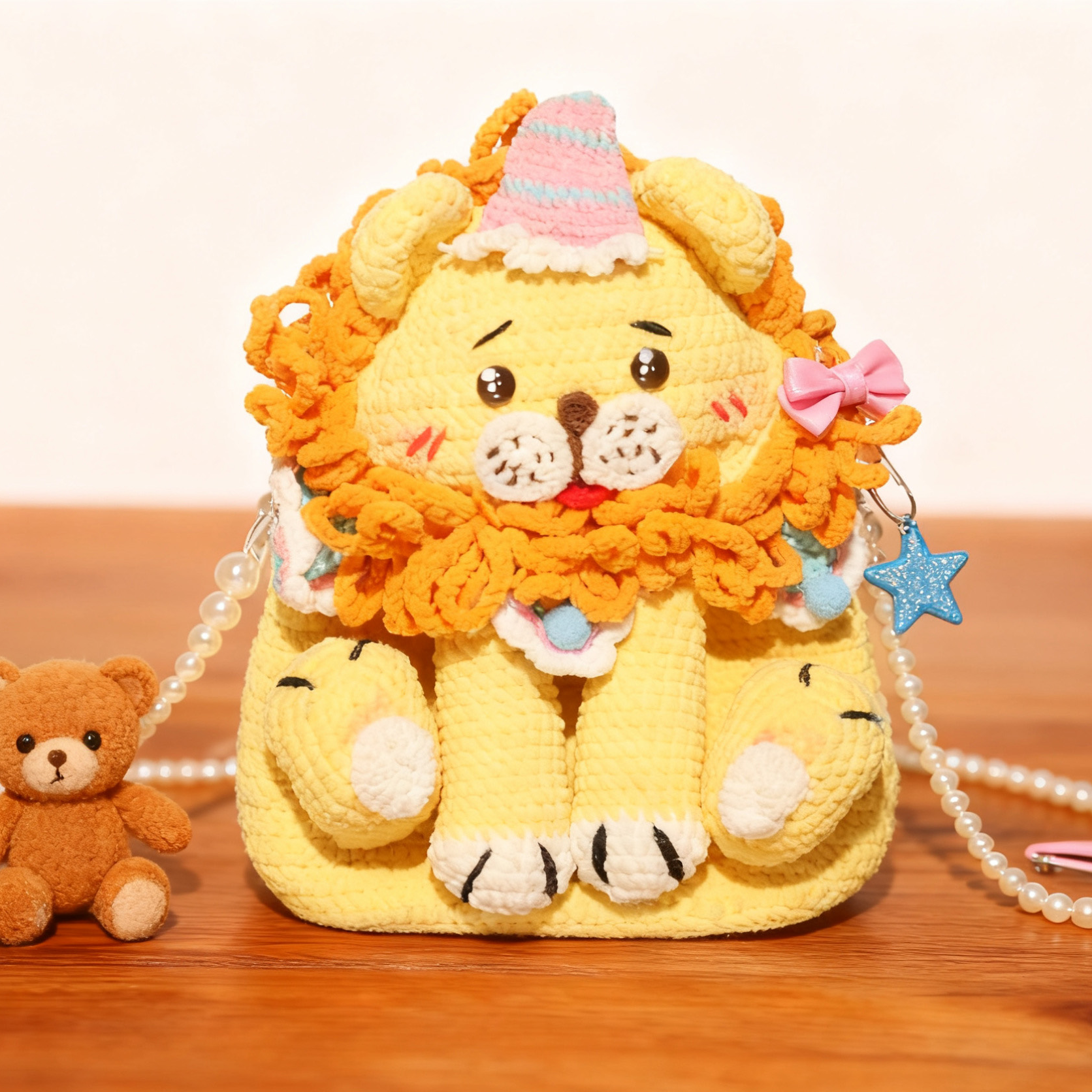 网红手工编织背包可爱小狮子百搭包包