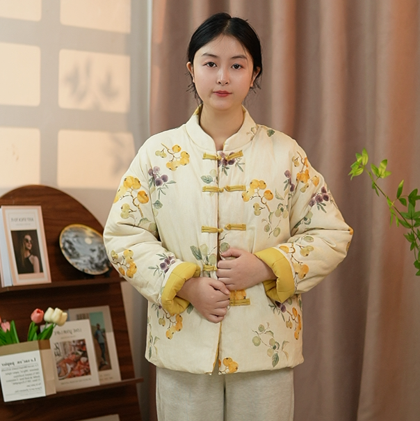 2025冬季新款复古国风中式棉服保暖盘扣棉衣立领气质百搭棉衣印花