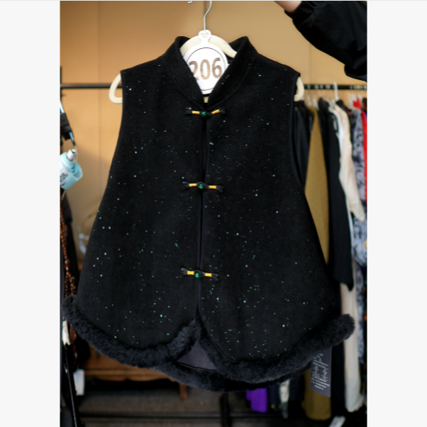 206-黑色闪闪灯芯绒立领盘扣无袖马甲上衣