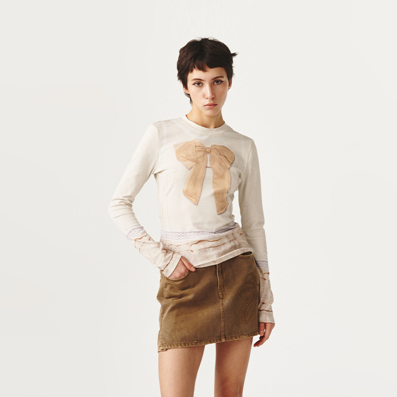 河岸家设计师FORDARE福蝶蝴蝶结3D感印花打底长袖T恤女26春夏